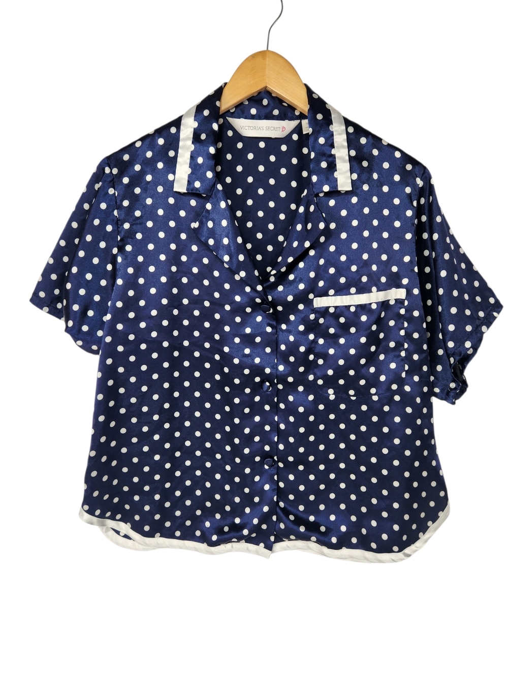 Victoria's Secret Satin Pajama Top Medium Blue White Polka Dot Button Front PJ
